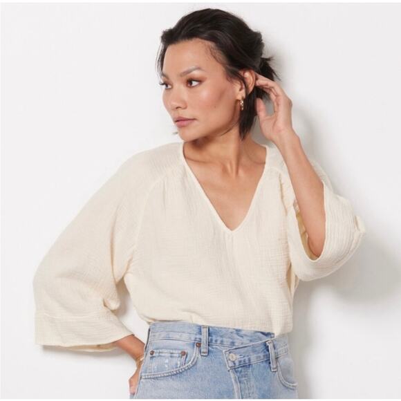 EVEREVE Gauzy Cotton Bell Sleeve V Neck Oversized Cropped Top Medium - Picture 1 of 6
